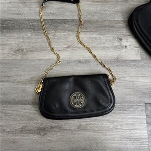 Tory Burch Black Leather Shoulder Bag with Gold Logo and Chain